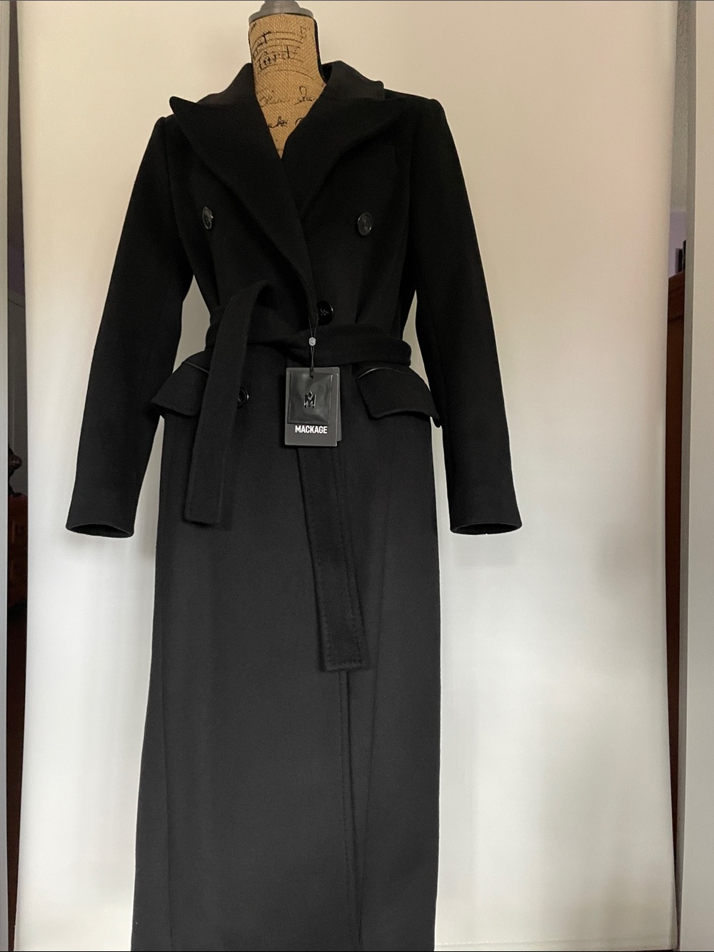 Mackage Black Long Wool Cashmere Trench Coat with Belt NWT M